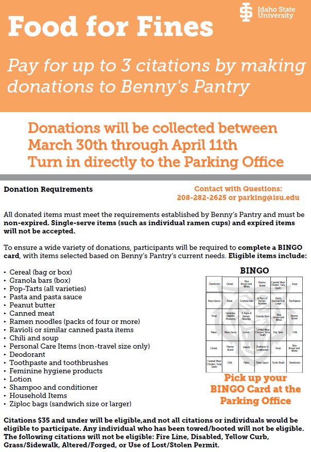 ISUStaffCouncil's tweet photo. Parking &amp; Transportation is doing their Food for Fines to benefit Benny's Pantry. Please spread the word! https://t.co/YNLnF6pWaB