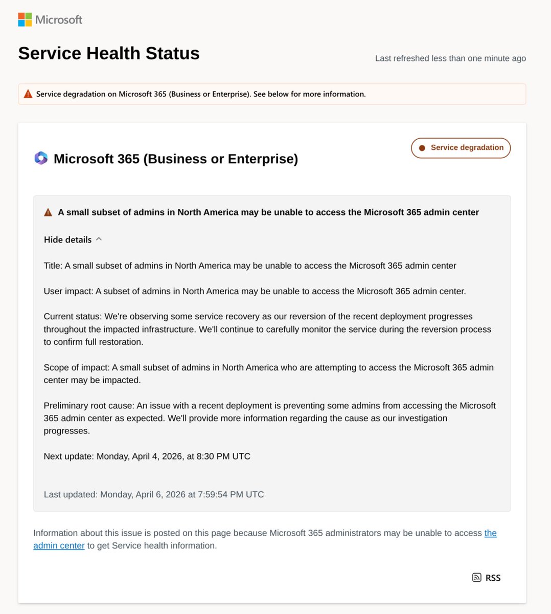 SoyITPro's tweet image. #Microsoft365 con problemas de acceso al admin center en algunas zonas de Norteamerica.
