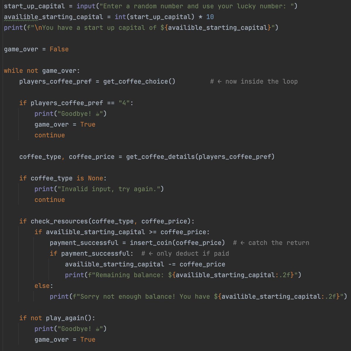Anaserose's tweet photo. Day 55 of learning #backend with #Python 🐍☕
Today I built a Coffee Machine simulator!

✅ Split logic into 5 functions
✅ Returned None, to handle invalid input 
✅ Used -= to deduct ingredients 
✅ Simulated coin insertion
✅ Functions return booleans to control payment flow https://t.co/L4lXL1eiij