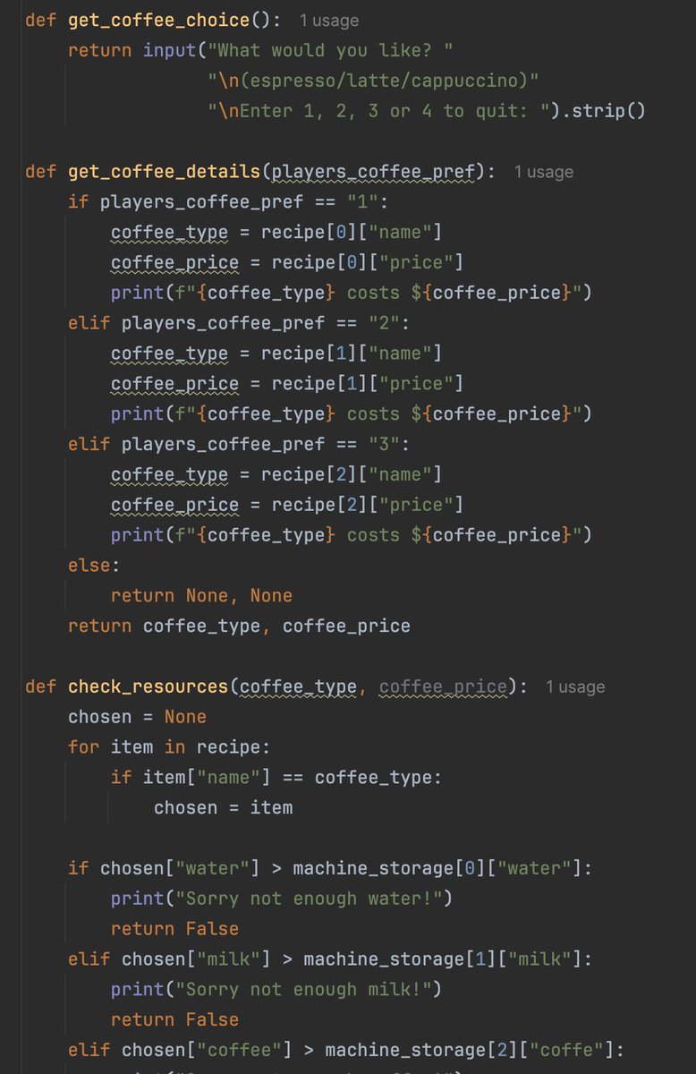 Anaserose's tweet photo. Day 55 of learning #backend with #Python 🐍☕
Today I built a Coffee Machine simulator!

✅ Split logic into 5 functions
✅ Returned None, to handle invalid input 
✅ Used -= to deduct ingredients 
✅ Simulated coin insertion
✅ Functions return booleans to control payment flow https://t.co/L4lXL1eiij