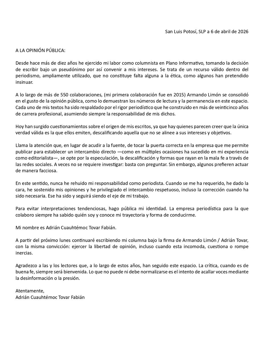 TemoTovar's tweet photo. A veces basta con preguntar. Tras 25 años de carrera y 10 años como columnista en Plano Informativo, hoy hago pública mi identidad. Soy Adrián Tovar, la voz detrás de Armando Limón. La libertad de opinión no se negocia.  
#Periodismo #SanLuisPotosí #SLP https://t.co/dyd3pNbbEx