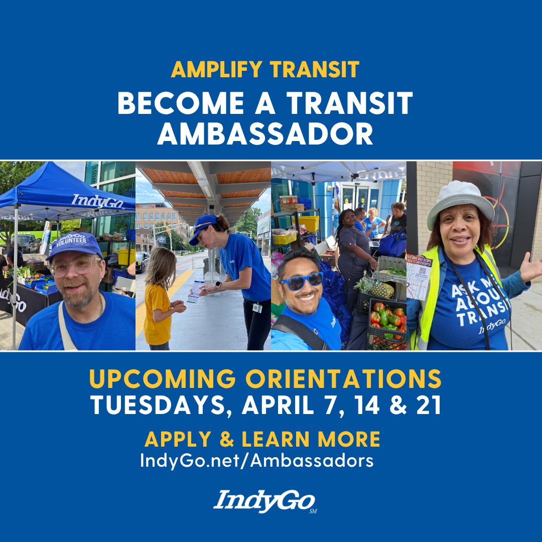 Ready to make positive changes in your community? Become an IndyGo Transit Ambassador! 🗓️ We have three upcoming orientations: April 7, 14 and 21! Join to help IndyGo spread the word and gather feedback about transit service and projects!

➡️ Learn more at IndyGo.net/ambassadors/