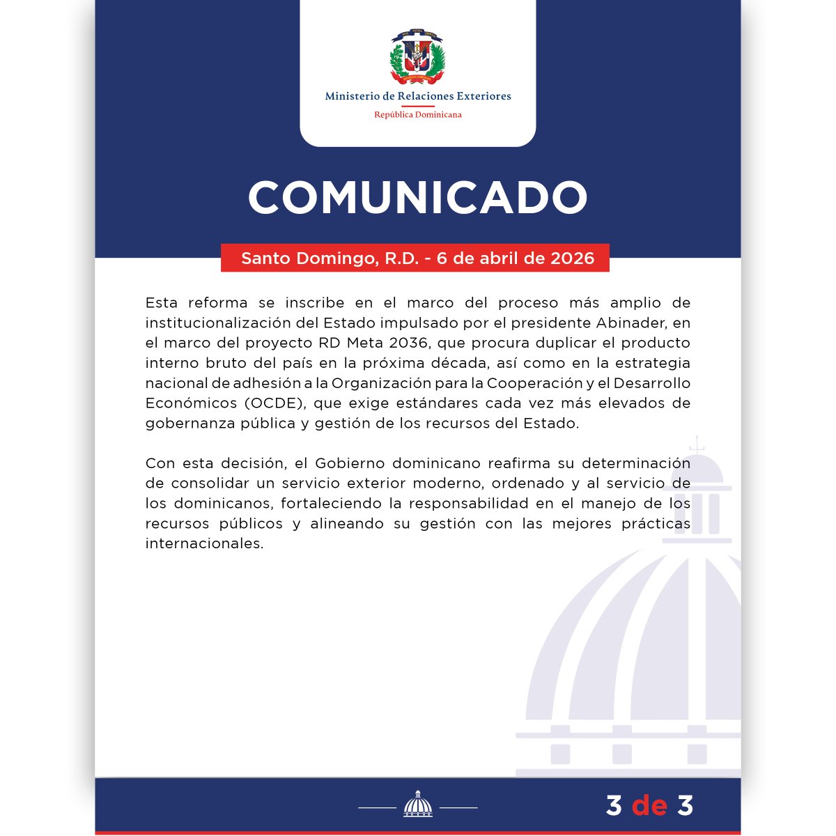 📢COMUNICADO:

Presidente Luis Abinader dispone que los ingresos de los consulados pasen al estado como parte del plan para optimizar los recursos públicos.

Se establecerá escala salarial para los funcionarios consulares.

📲🌐mirex.gob.do/comunicado-pre…