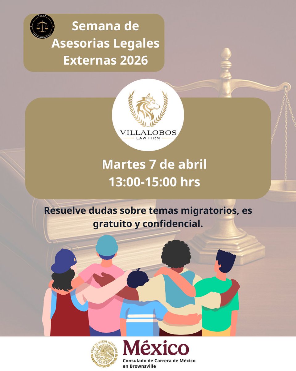 ConsulMexBro's tweet photo. El @ConsulMexBro 🇲🇽 te invita a la #SALE (Semana de Asesorías Legales Externas).

📅 Del 6 al 10 de abril podrás acceder a orientación GRATUITA y segura con abogados migratorios, civiles y más.

¡Infórmate, conoce tus derechos y aprovecha estos espacios! 💼⚖️ https://t.co/Q60wYotALg