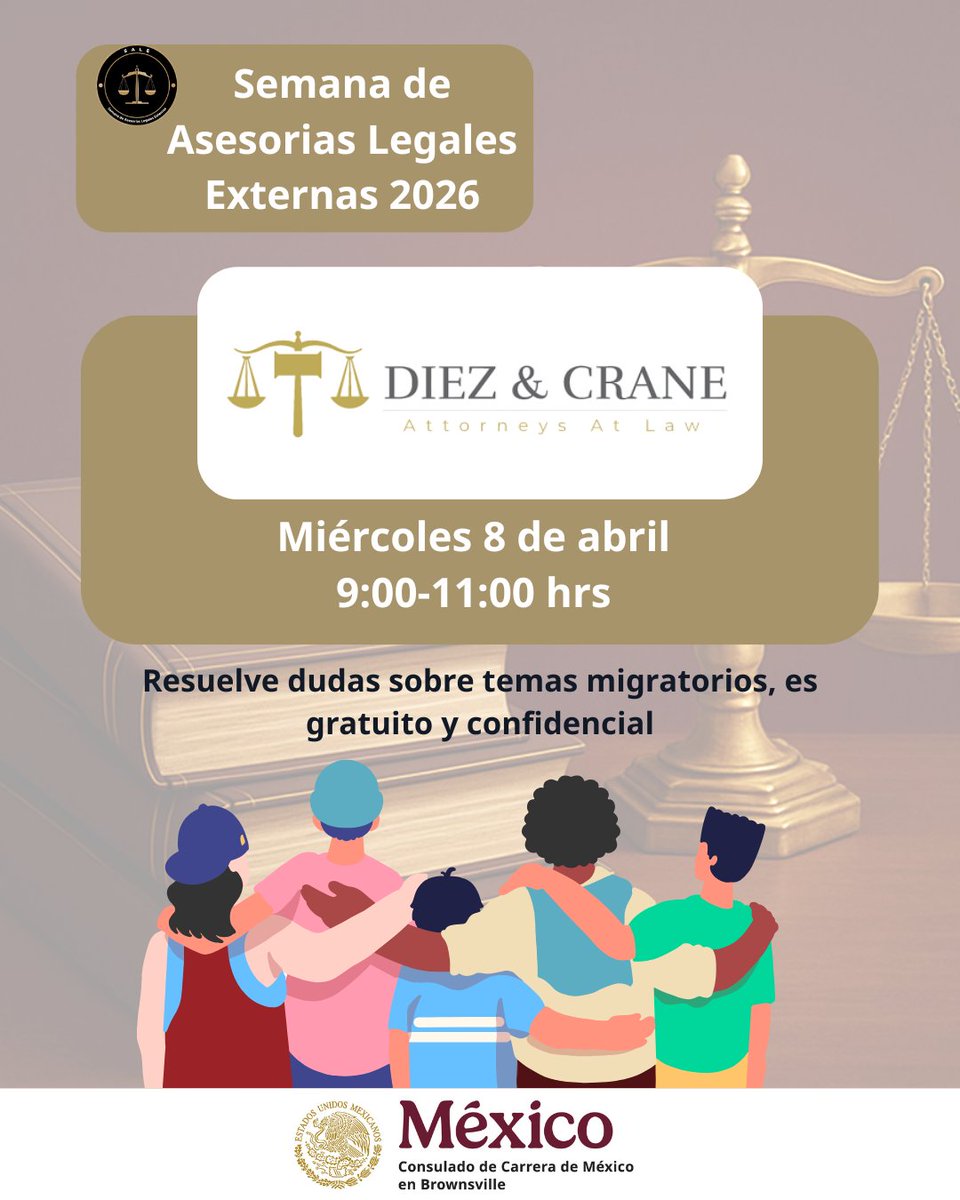 ConsulMexBro's tweet photo. El @ConsulMexBro 🇲🇽 te invita a la #SALE (Semana de Asesorías Legales Externas).

📅 Del 6 al 10 de abril podrás acceder a orientación GRATUITA y segura con abogados migratorios, civiles y más.

¡Infórmate, conoce tus derechos y aprovecha estos espacios! 💼⚖️ https://t.co/Q60wYotALg
