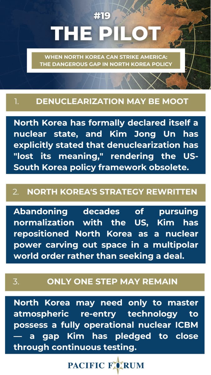 PacificForum's tweet photo. π #PacificForum has released #ThePilot #19 β When North Korea can strike America: The dangerous gap in North Korea policy by Marialaura De Angelis, #PacificForum Resident James A. Kelly Korea Fellow.
π Review our #keytakeaways and read the article here: https://t.co/dlyQjiiaFM https://t.co/FRViMLbNUr