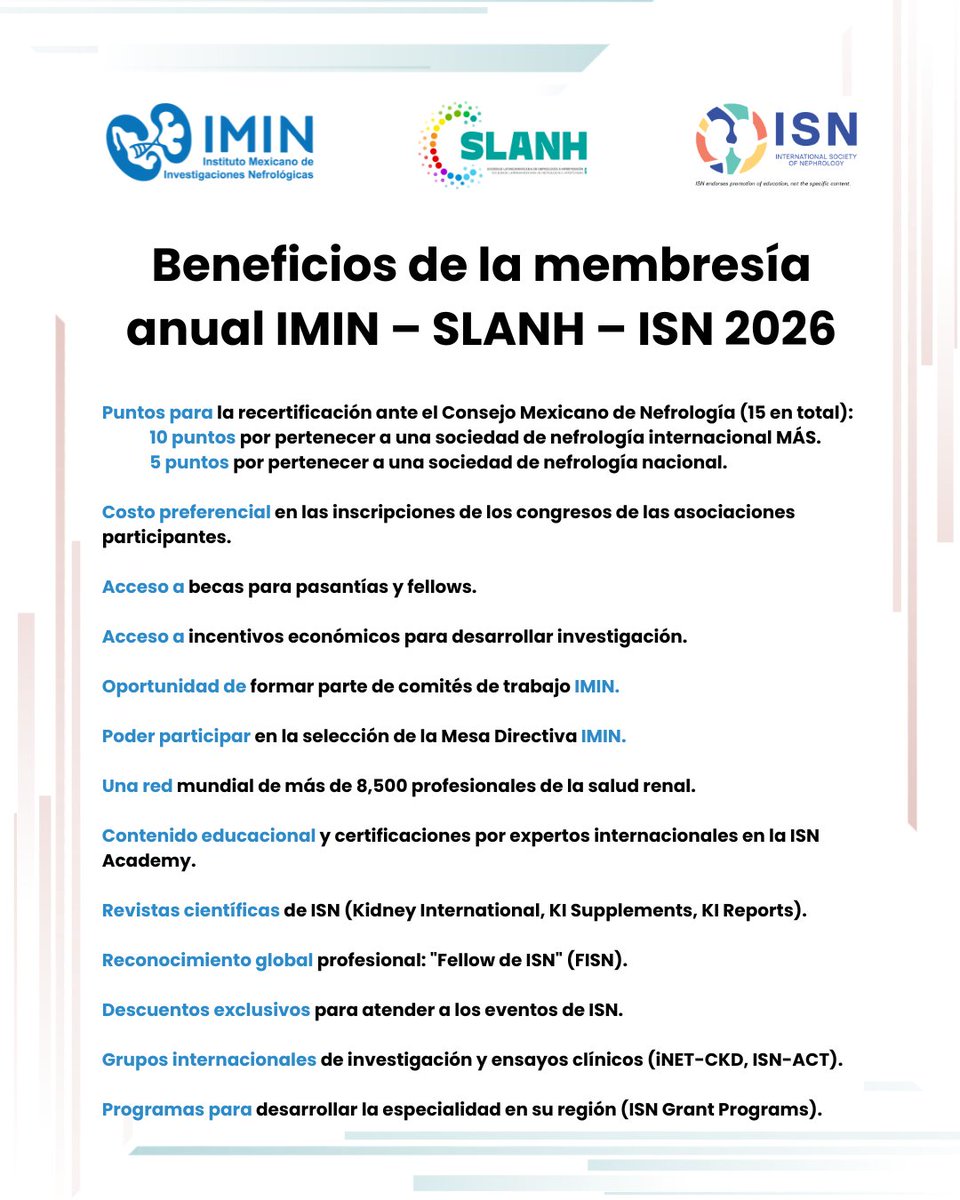 IMINmx's tweet image. Forma parte de IMIN – SLANH – ISN 2026 y conéctate con una comunidad internacional de nefrólogos y participa en iniciativas de investigación que fortalecen tu práctica profesional.

imin.org.mx/membresia/tipo…

📅 Vigencia hasta el 30 de abril de 2026.

#IMIN #SLANH #ISN