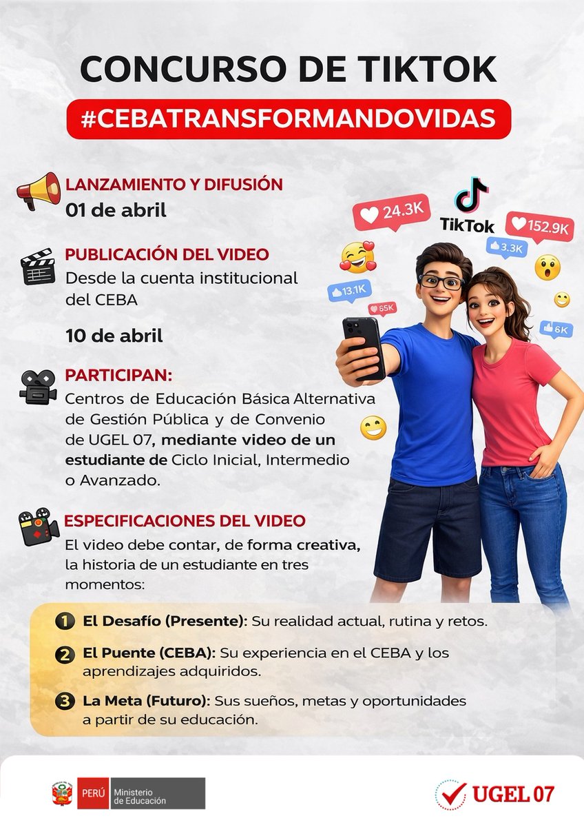 ¡Celebremos el Día de la Educación Básica Alternativa!
La UGEL 07 invita a todos los Centros de Educación Básica Alternativa a participar en el Concurso de TikTok “CEBA Transformando Vidas” 
#EducaciónBásicaAlternativa #DíaDeLaEducaciónBásicaAlternativa #AGEBATP #UGEL07