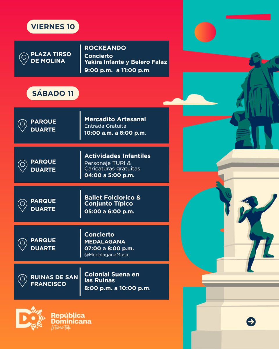 TurismoRD's tweet photo. ¿Estás listo para disfrutar de todo lo que #Turizoneando tiene para ti este fin de semana en #TuCiudadColonial?
👇Aquí te dejamos la agenda. ¡Desliza y entérate!
#DalePaTurizoneando
#DalePaTuCiudadColonial
#TurismoEnCadaRincón https://t.co/cxsnnW2EGR