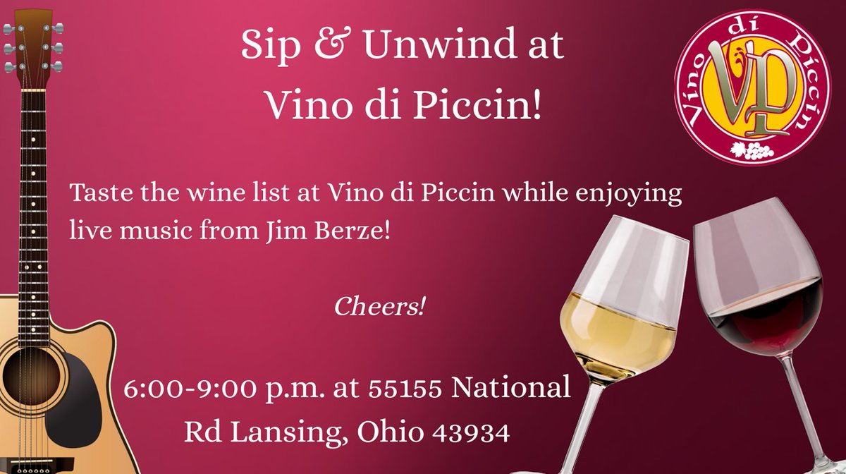 JessiMThrasher's tweet photo. Visit Vino de Piccin Tasting House on April 11 for live music by Jim Berze paired with your favorite wine from 6:00 p.m. to 9:00 p.m. The event is free to attend and seating is on a first-come, first-served basis. See you there! https://t.co/D7700B94BL