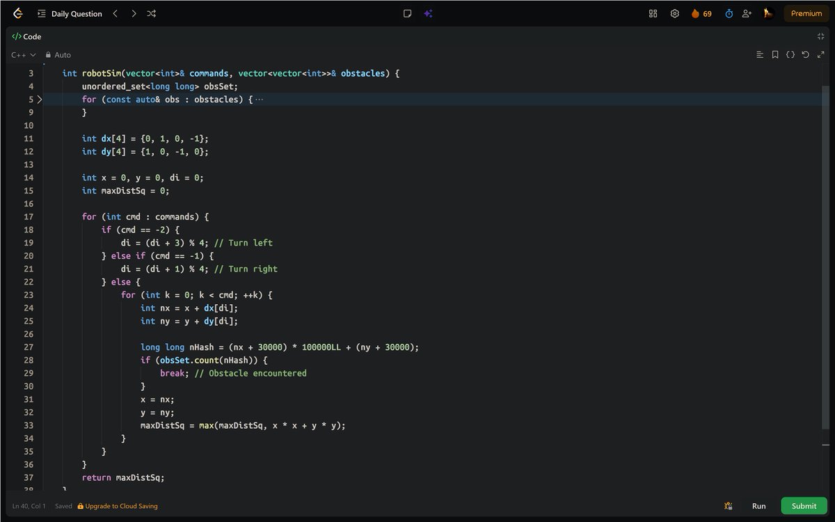 PankajB42550's tweet photo. 🚀 Solved: Walking Robot Simulation (@LeetCode Daily)
Simulate movement step-by-step. Track direction with (dx,dy) array. Use hash set for obstacle lookup.
📊Complexity:
▹ O(n×k) | O(m)
🔥 #Day69/90
#LeetCode #DSA #Simulation #HashSet #Robot #ProblemSolving #CPlusPlus https://t.co/8xAA9o3QCS