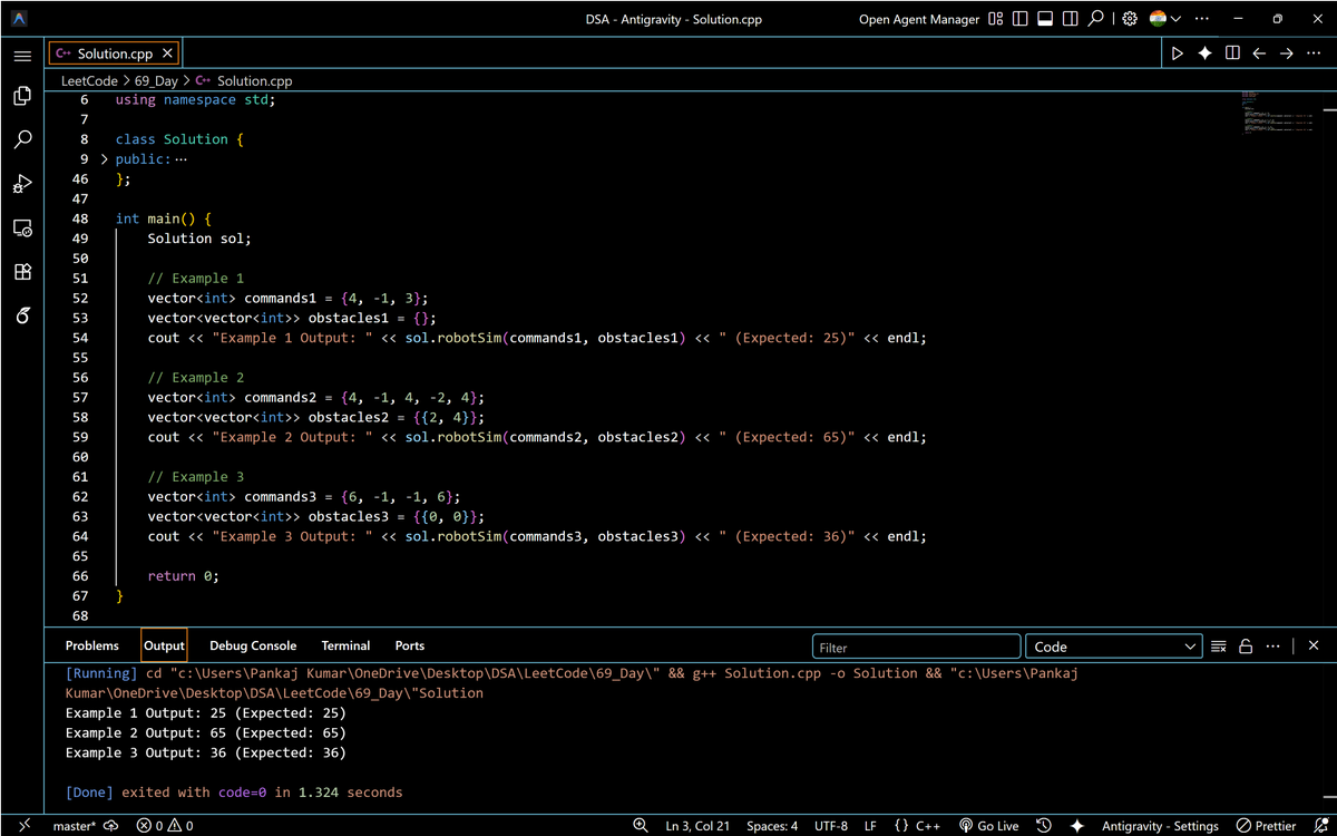 PankajB42550's tweet photo. 🚀 Solved: Walking Robot Simulation (@LeetCode Daily)
Simulate movement step-by-step. Track direction with (dx,dy) array. Use hash set for obstacle lookup.
📊Complexity:
▹ O(n×k) | O(m)
🔥 #Day69/90
#LeetCode #DSA #Simulation #HashSet #Robot #ProblemSolving #CPlusPlus https://t.co/8xAA9o3QCS