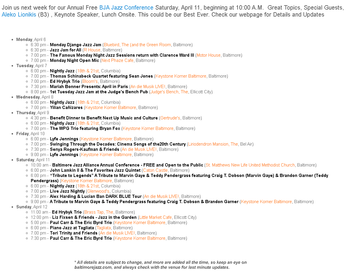 BaltimoreJazz1's tweet photo. Where's the Jazz? Here's what's happening in the Baltimore jazz scene this week - if we're missing something, let us know! Find complete details (or better still, add your own events!) at https://t.co/iQ9ikOvwOC #baltimorejazz #wheresthejazz
Member-supported, volunteer-run, BJA https://t.co/h8aeJozWs9