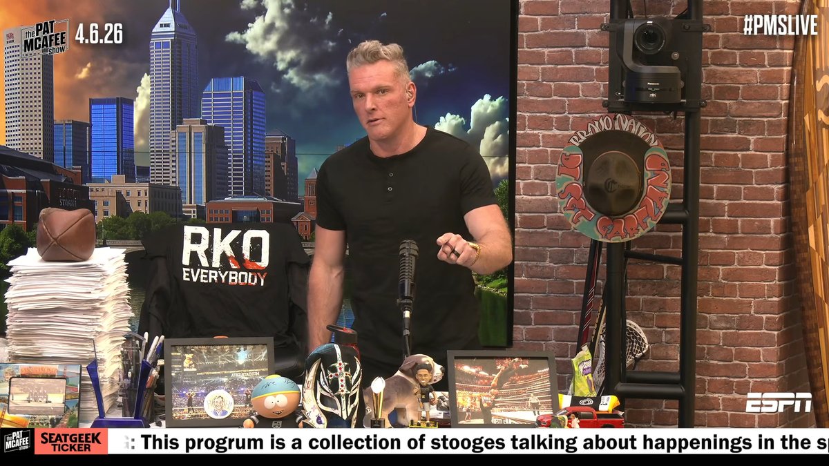 Cory_Hays407's tweet image. No mention of his appearance on #SmackDown just yet but Pat McAfee has the RKO Everybody shirt on display #PMSLive