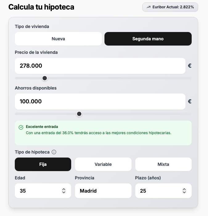 Así de fácil es calcular tu hipoteca con nuestra calculadora: Precio vivienda: 278.000 € Entrada ...