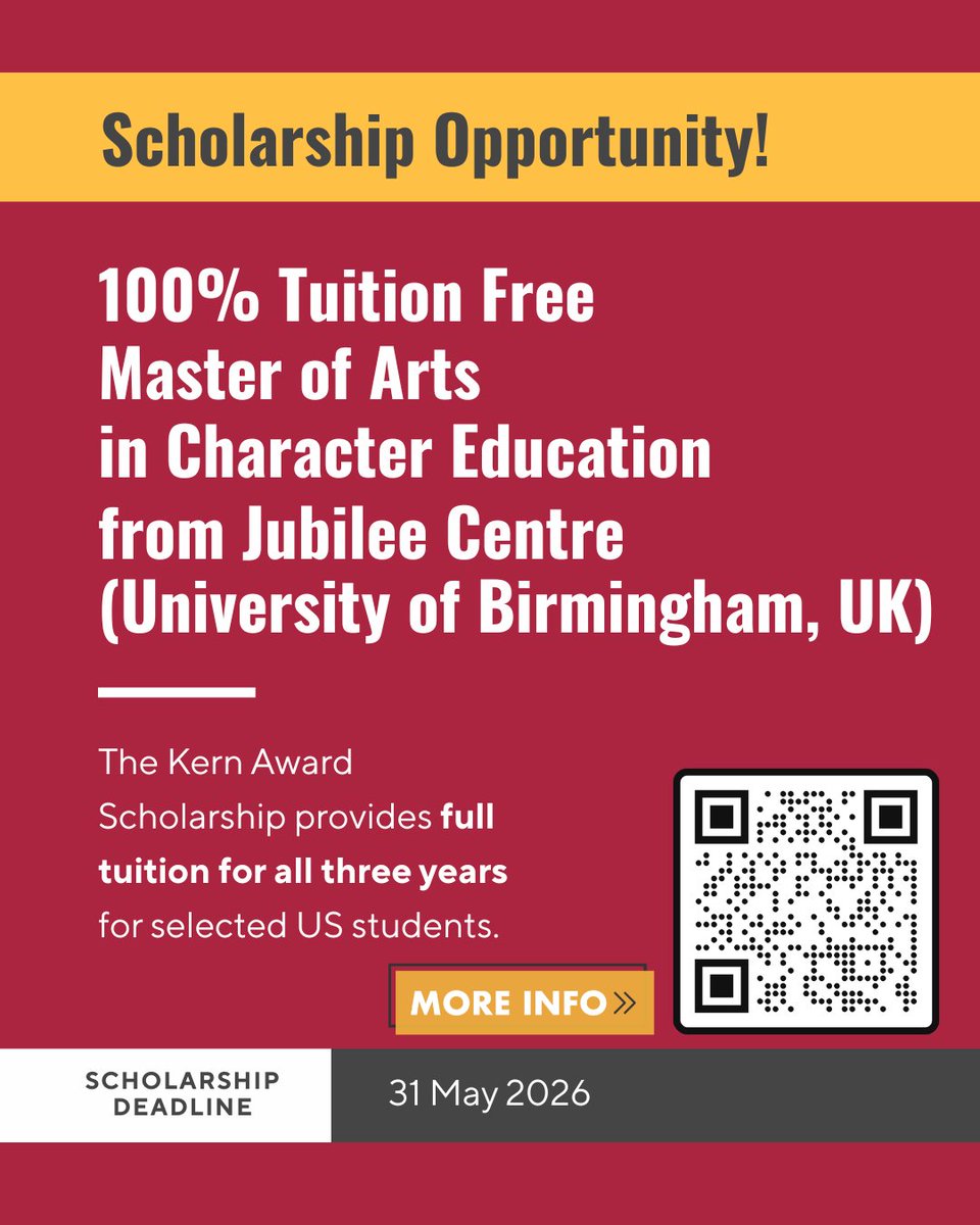 CharacterDotOrg's tweet image. Grow your leadership in #CharacterEducation with a FULL-tuition MA from the Jubilee Centre.

Flexible. Research-driven. Built for working professionals.

⏳ Kern Award deadline: May 31
🔗 jubileecentre.ac.uk/character-educ…

#CharacterEducation #LeadershipDevelopment #ProfessionalGrowth #Ker