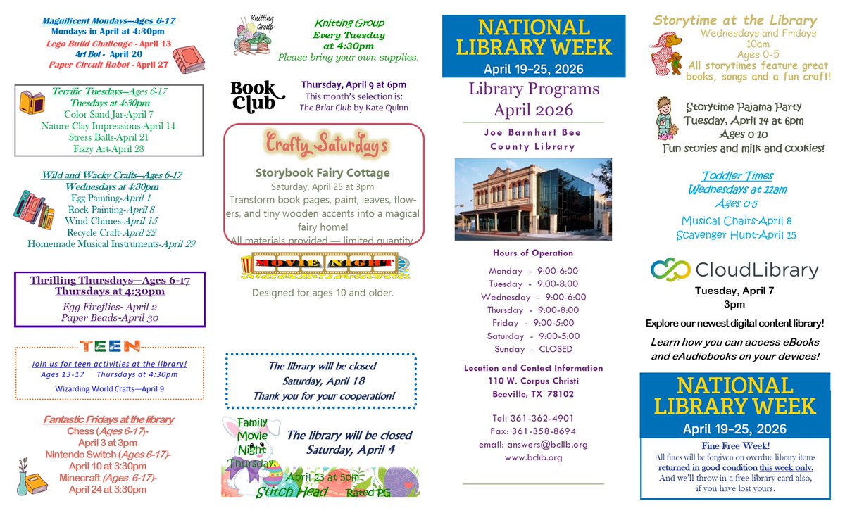 jbbcl's tweet photo. April 2026 Library Calendar https://t.co/LVScgEJQvk