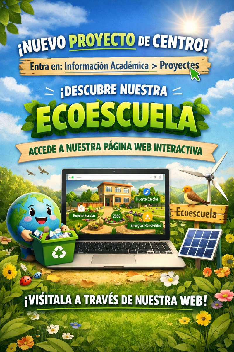 VivesCe's tweet photo. 🔊 Nuevo Proyecto Ecoescuela
Sigue la ruta de la web del cole: Información Académica > Proyectos
¡Te invitamos a explorarlo y formar parte de esta iniciativa sostenible!
@consejeriaeduc1 
@accioneducativaexterior https://t.co/BTDmgr7nx7