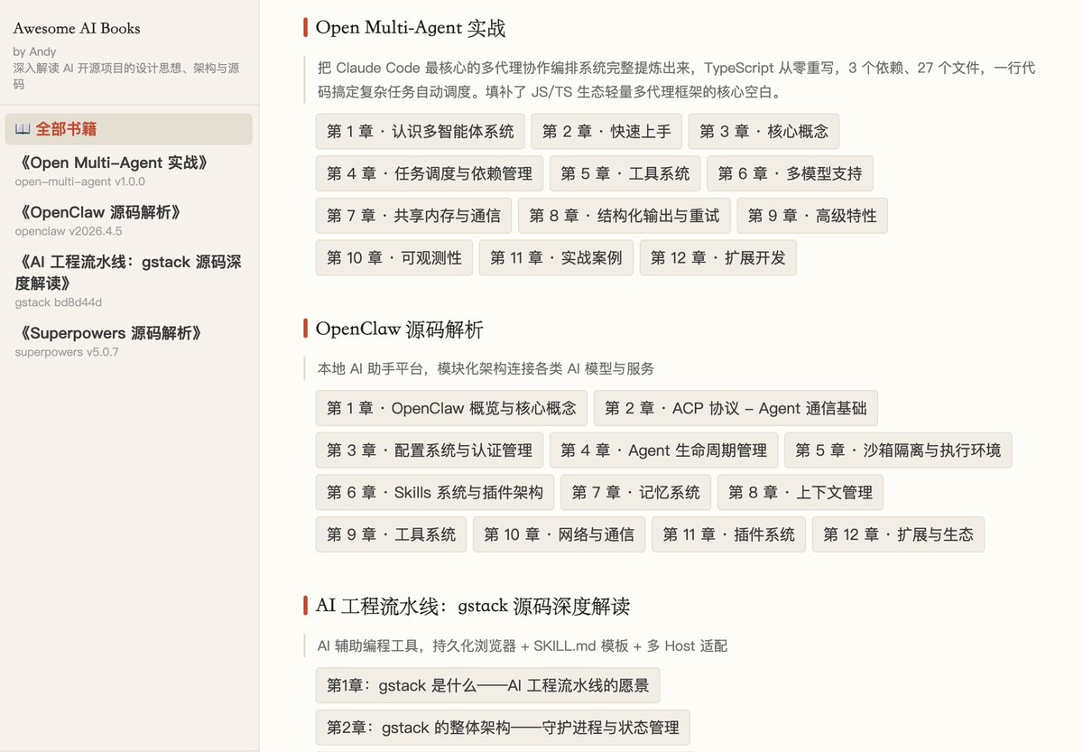 WK8877's tweet photo. 我今天�� 4 个最火的 AI 框架用 AI 读了一遍，写成了在线书籍。每本都是对源码的完整工程化解读。
《Open Multi-Agent 实战》
《OpenClaw 源码解析》
《gstack 源码解读》
《Superpowers 源码解析》

阅读地址：https://t.co/CumkV3lgzh
仓库：https://t.co/3u5pX5mClx https://t.co/C01jUtaE2C
