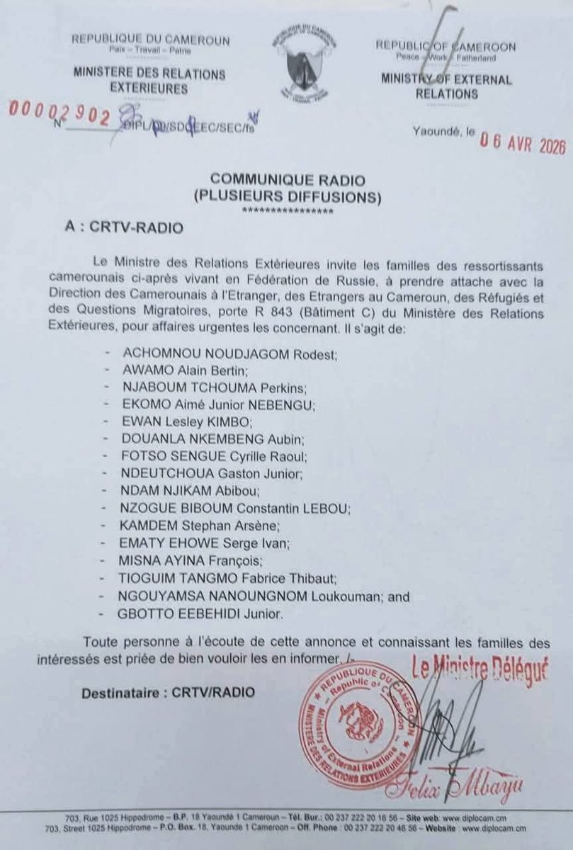 🚨 URGENT 🇨🇲
The Ministry of External Relations Cameroon is calling on families of Cameroonians believed to have died while fighting for Russia in the Russia-Ukraine War.
Families are urged to contact the Ministry immediately.
📢 Please share to reach those concerned.
#Cameroon