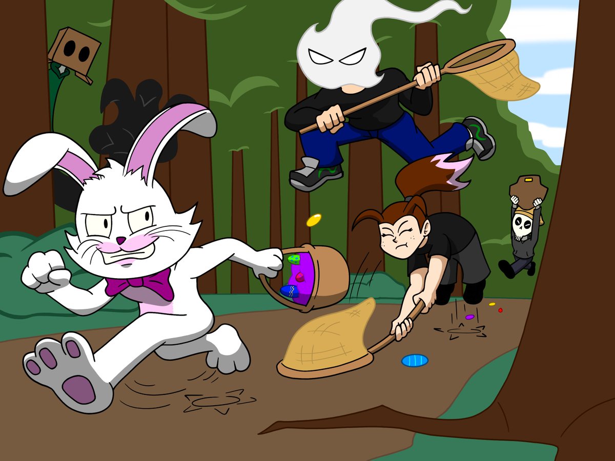 Hope everyone had a great Easter weekend! Here's some art of me and my friends, <a href="/AndyBrawler/">AndyBrawler VA</a> and Nanners, chasing down the Easter Bunny! I'm sure they just want to talk 
#EasterWeekend2026