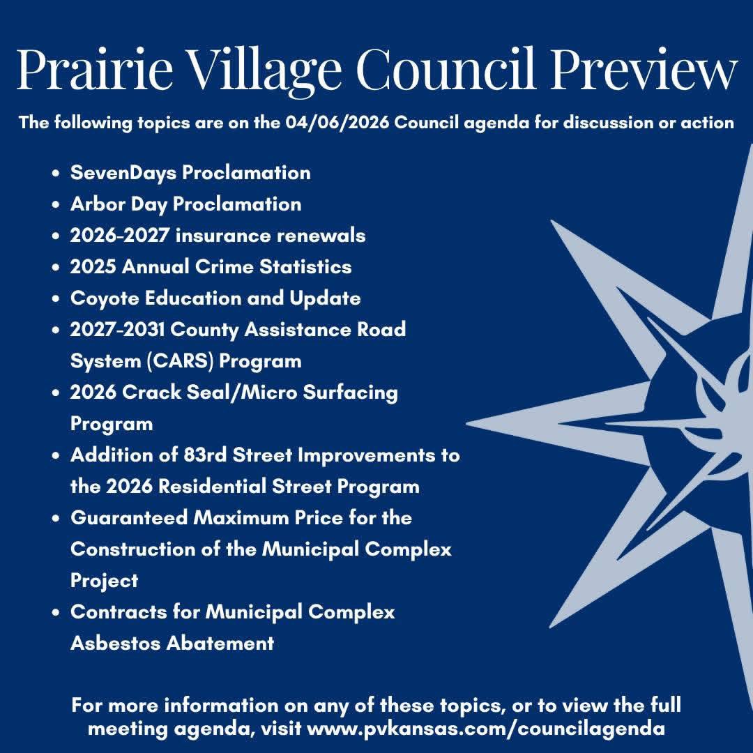 ericforpv's tweet photo. The Prairie Village City Council will meet today at 6 p.m. You can watch the full meeting at https://t.co/mm4b7bPiBy…dag https://t.co/P4n1alNT4z