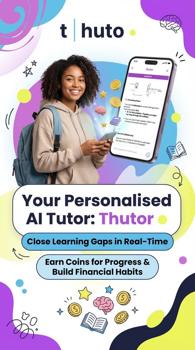thuto_io's tweet photo. MEET THUTOR — your personalised AI tutor rewarding you Thuto Coins for tailored activities to close your learning gaps and boost earnings. Lightning-fast, it breaks down questions, offers hints guiding your approach, and values engagement over performance. https://t.co/5Sa6XE8eOR