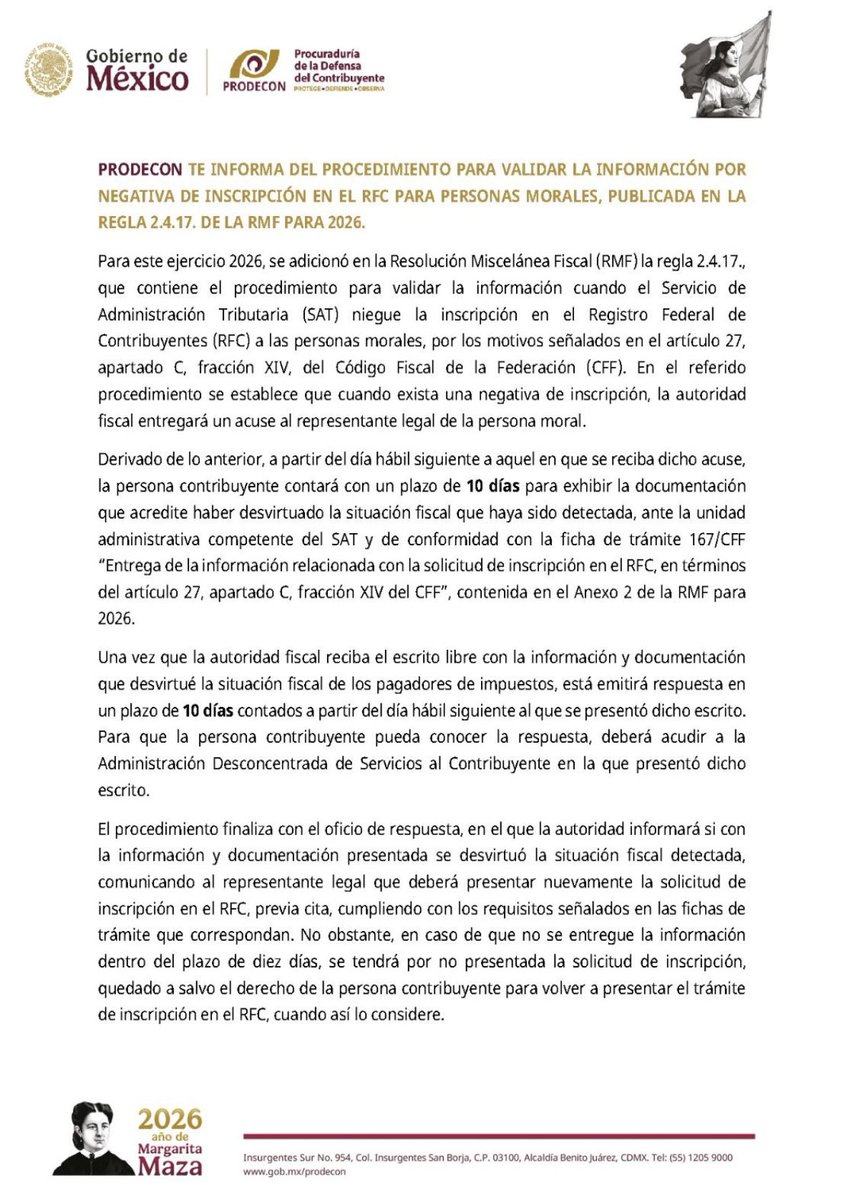🚨 ATENCIÓN EMPRESAS Y PERSONAS MORALES🚨

Regla 2.4.17 de la RMF:

Si el SAT te niega la inscripción en el RFC (art. 27-C-XIV CFF), tienes un procedimiento claro.

✅ Recibes notificación.
✅ 10 días hábiles para presentar documentación y desvirtuar la irregularidad (ficha de