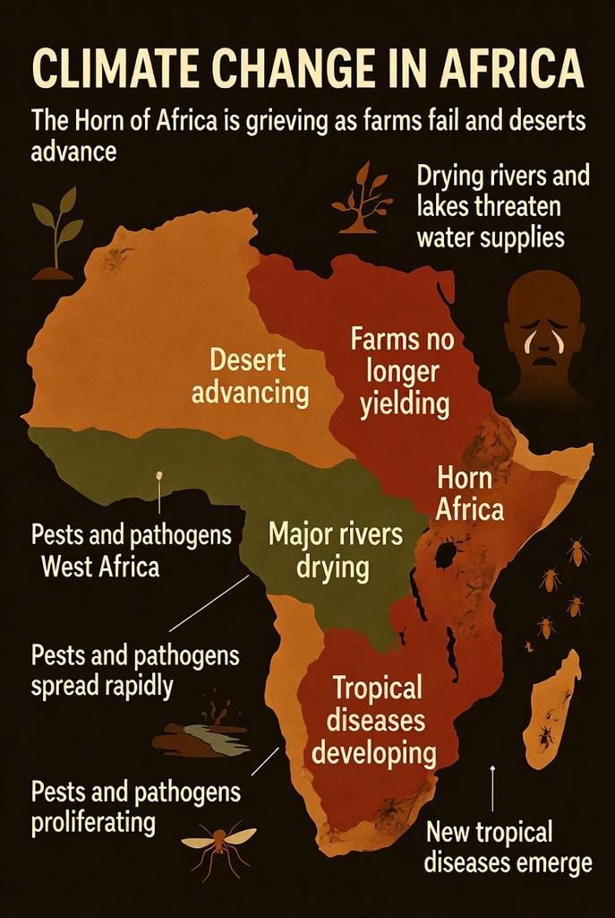 AbiluTangwa's tweet image. Alarm bells are ringing in the Horn of Africa. Farms are no longer yielding, pests are spreading, and tropical diseases are emerging. Climate change is real, and it’s destroying lives. #ClimateCrisis #GlobalAction