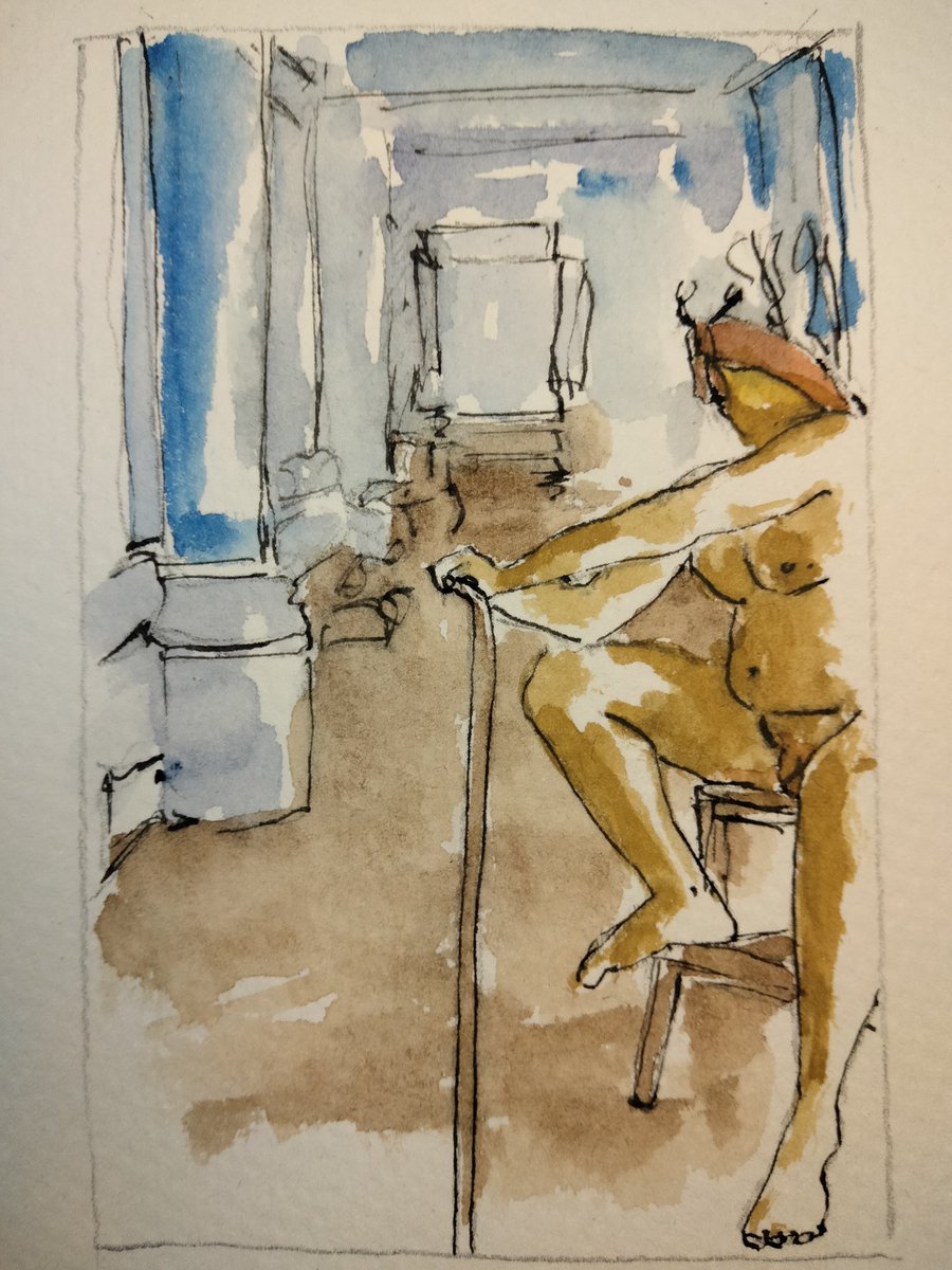 julesartvan's tweet image. Waiting on another corridor 

#thedailysketch #watercolour and #inkdrawing of #malenude with crab head
#originalartwork #artforsale ebay.us/m/ioVQ6E