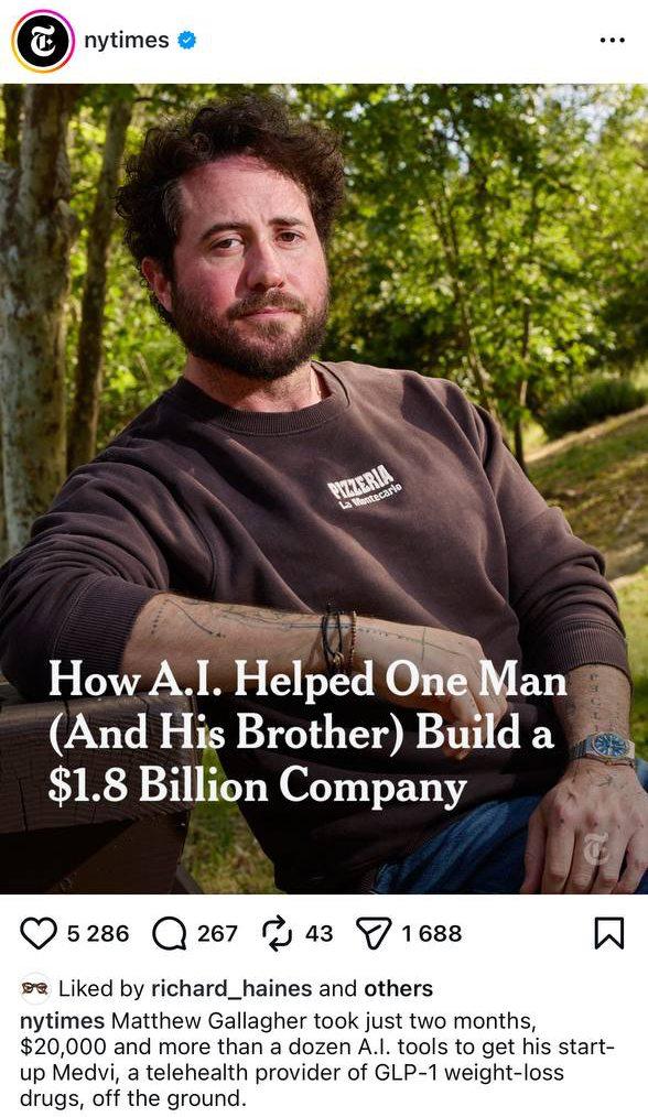 MichaelKokin's tweet photo. Everyone's talking about the guy who built a $1.8B company with his brother. Nobody's reading the fine print.

Matthew Gallagher, 41, launched Medvi — a GLP-1 telehealth provider — in September 2024 with $20K and a dozen AI tools. $401M revenue in year one. Two employees. NYT verified the numbers. Altman said he won the bet.

Here's what's behind the headline: 800+ fake doctor Facebook pages with AI-generated faces. An FDA warning letter six weeks before the NYT profile. A data breach exposing 1.6M patient records at the platform handling all of Medvi's medical infrastructure. A class action lawsuit over pills with no proven absorption mechanism.

$1.8B is not a valuation. There were no investors. It's a revenue projection. Actual profit: $65M/year. A solid arbitrage business, not a unicorn.

And the FDA has already determined the semaglutide shortage is over — which narrows the legal basis for compounding the drugs Medvi sells.

🚫 AI unicorn ✅ AI arbitrage
