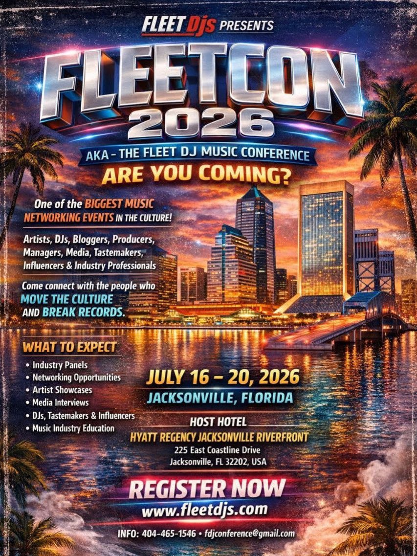 fleetdjradio's tweet photo. Are you coming to FleetCon 2026? 🔥

The Fleet DJs Music Conference is going down July 16–20, 2026 in Jacksonville, Florida, and it’s one of the biggest music networking events in the culture.
Register now:

https://t.co/SQWYEAldo5⁠
For info: 404-465-1546
fdjconference@gmail.com https://t.co/ufHzu9c1Gq