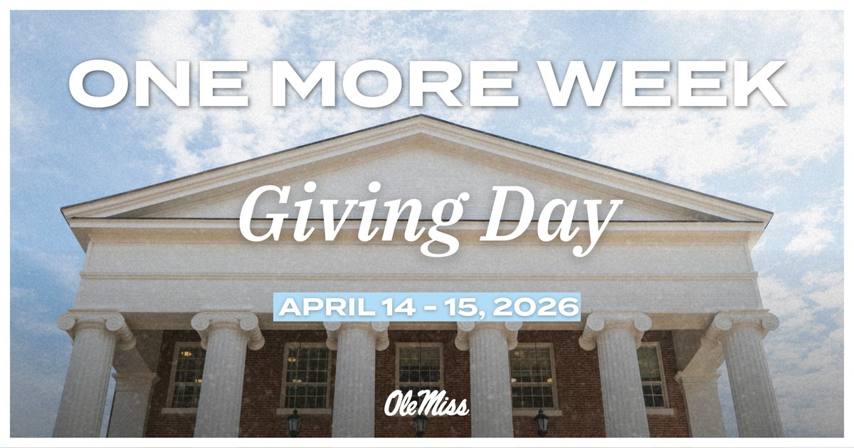 OleMiss's tweet photo. We are ONE WEEK away from Giving Day!

Join us April 14–15 for a full day of excitement, including our livestream featuring special guests, campus voices, and stories you won’t want to miss.

#GivingDay26 #HottyToddy https://t.co/zdL9aMwxla