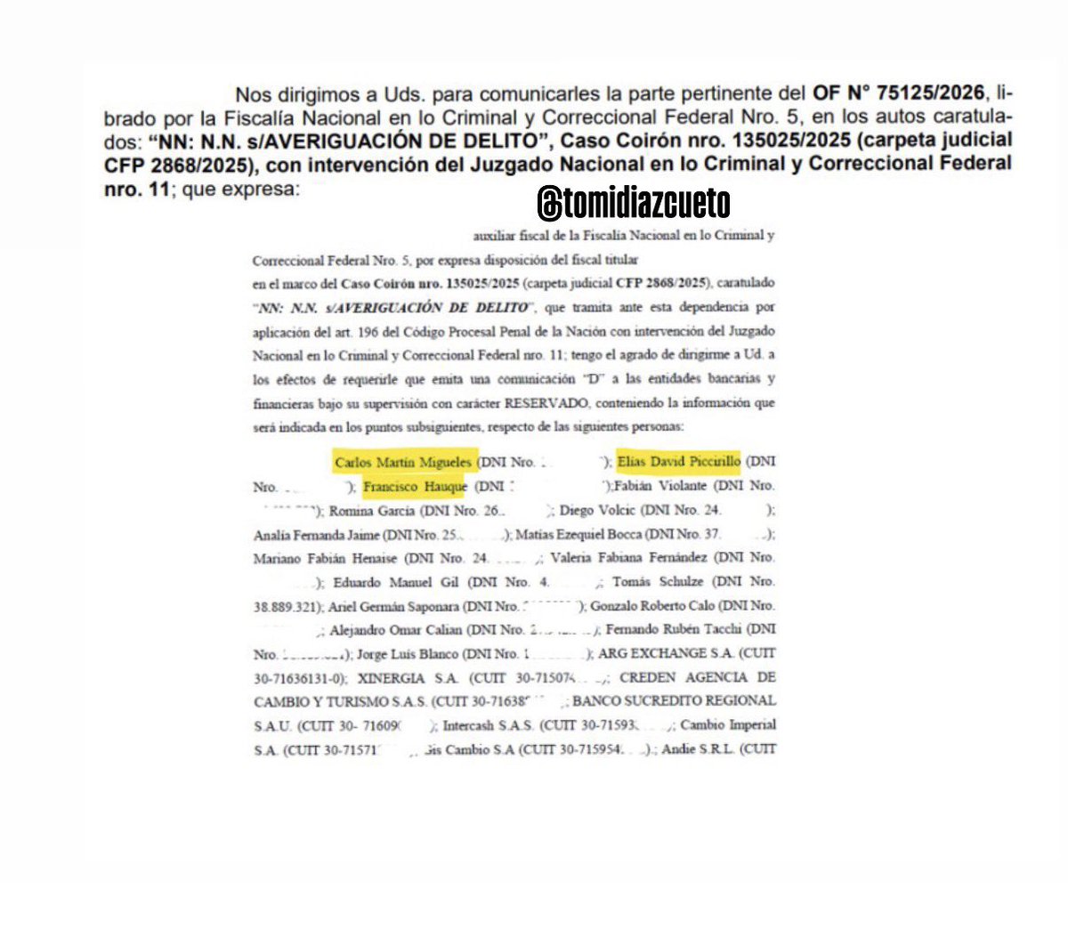 🚨 MARTÍN MIGUELES, MARIDO DE WANDA NARA , INVOLUCRADO EN INVESTIGACIÓN FEDERAL

El Banco Central de la República Argentina emitió una comunicación urgente a bancos, casas de cambio y entidades financieras para entregar información reservada.

📌 La orden proviene de la Fiscalía