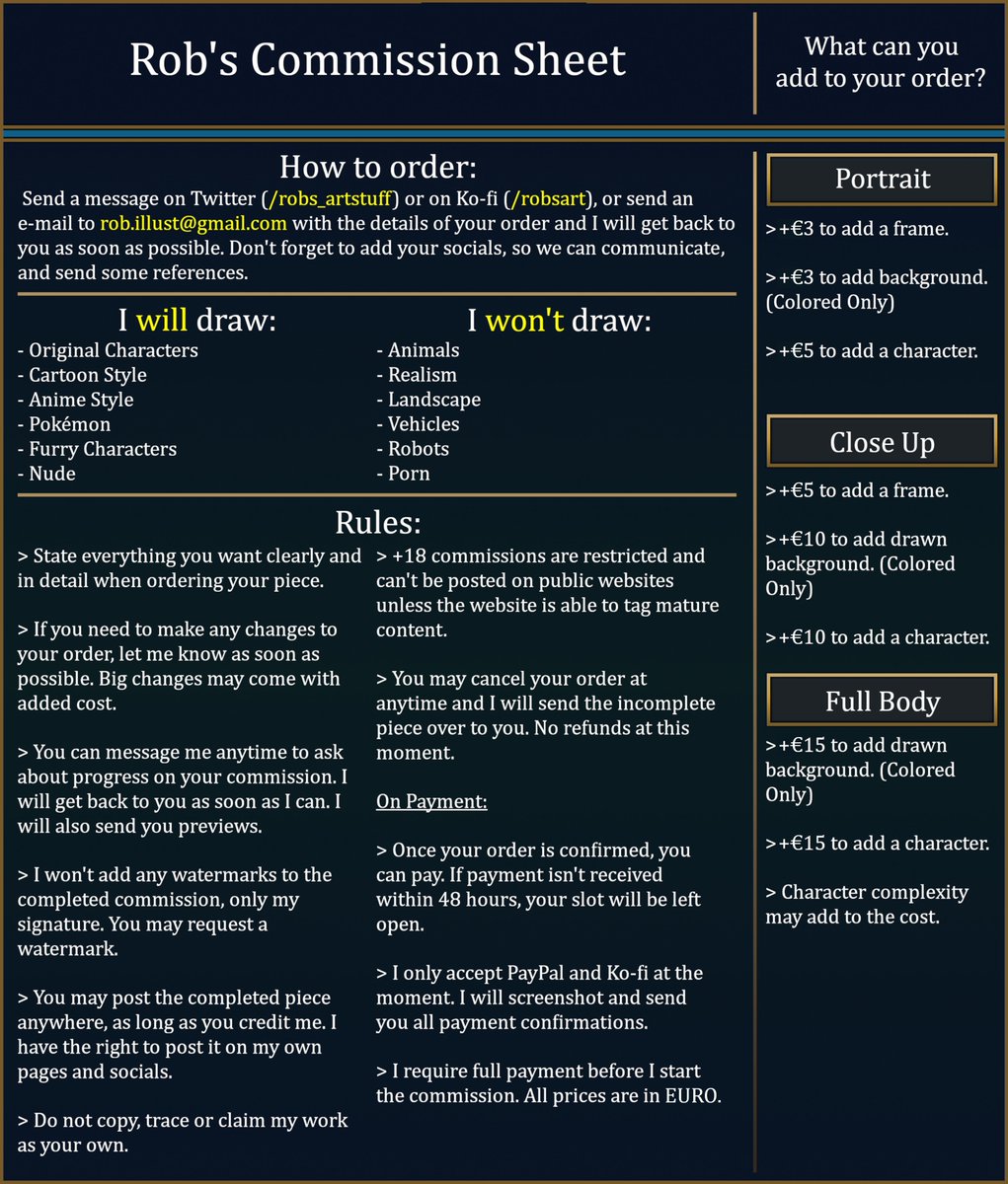 robs_artstuff's tweet photo. Due to changes in my living conditions, I'm slightly adjusting my prices.

It's a change in currency type and doesn't affect ongoing commissions. Thank you for understanding!

All information is available bellow, I'm currently opening with 8 slots for the month of April. https://t.co/GlOZvVrbVT
