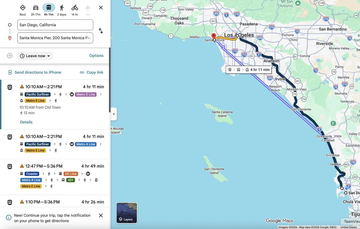 thomaspttn's tweet photo. @ajlamesa Respectfully disagree, even if you cut the train leg of this in half, LA local transit is so bad that you either pay with your time or pay for Ubers. I had a blast using HSR in Japan because local transit was cheap and everywhere https://t.co/NaDhIpLeAm