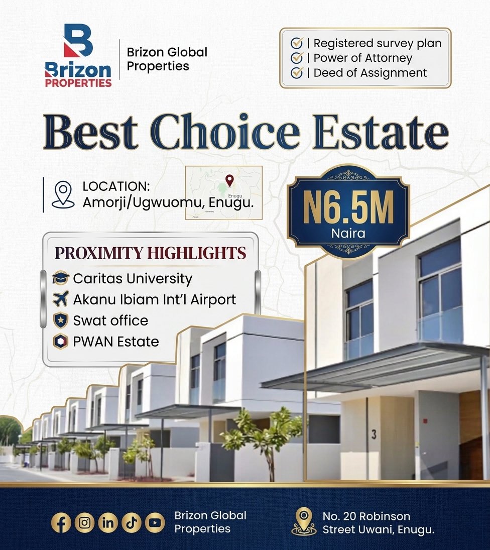 BrizonEstate's tweet photo. This Easter, transition from a tenant to a landlord at Best Choice Estate, Enugu

Don't just celebrate the season; secure your future.

DM for more info or visit No. 20 Robinson St, Uwani, Enugu.
#Enugu #RealEstate #EasterOffer #BrizonProperties #CoalCity #InvestNigeria https://t.co/2IyW31vBot