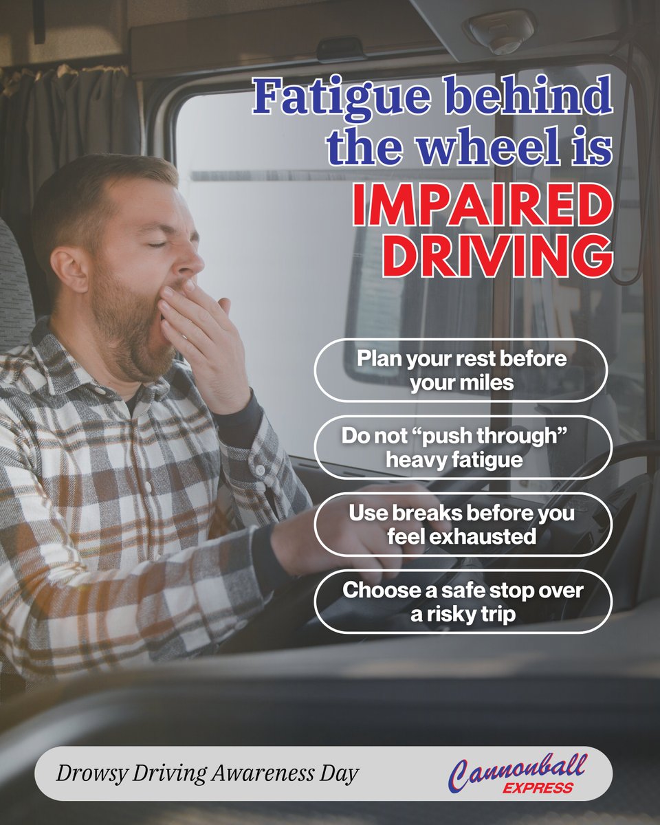 CannonballTrans's tweet photo. No load is worth driving tired. When fatigue shows up, focus drops, and risk goes up fast. This Drowsy Driving Awareness Day, we’re encouraging truckers to plan sleep like they plan routes and put safety first

Safety is the Cannonball standard.Learn more: https://t.co/Zb5zakdMfj https://t.co/NMF7a5uqBc