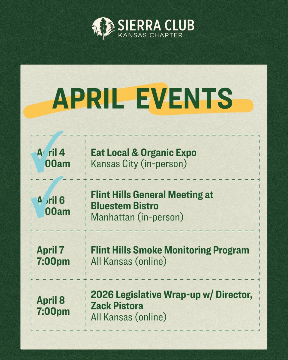 More events to help fill up your Earth Month calendar! 🌏📆🖋

Check out our Kansas Chapter calendar for more details and RSVP✅️
👉 sierraclub.org/kansas/calendar

#SierraClubKansasChapter #SierraClub #Kansas #environment #earthmonth