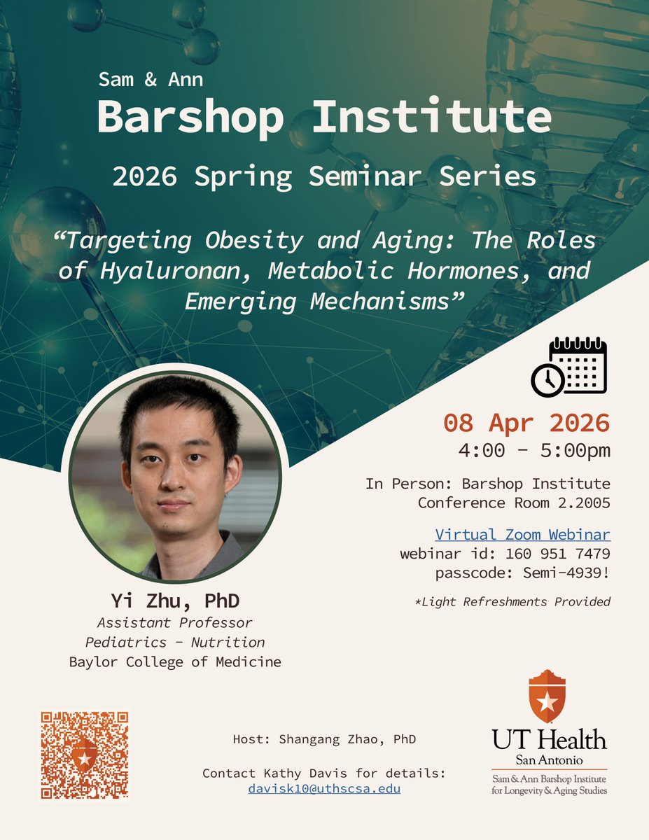 UTHealthBarshop's tweet photo. 📢Join us Wed, Apr 8 @ 4pm CT for the #BarshopSeminarSeries!

Yi Zhu, PhD (Baylor College of Medicine) presents: “Targeting Obesity and Aging: The Roles of Hyaluronan, Metabolic Hormones, and Emerging Mechanisms”

📍Barshop Institute 2005
💻Virtual: Zoom
👉https://t.co/oANCwwZd9g https://t.co/62bGGVq4aR