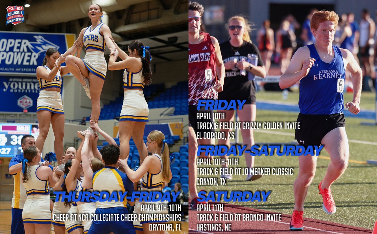 UNK_Athletics's tweet photo. LOPER’S WEEK AHEAD 📣

@UNKCheer 
🗓️ April 8th- April 9th
🆚 NCA Cheer Championships
📍 Daytona, FL

@UNKvolleyball 
🗓️April 9th
🕕 5 PM
🆚 Wayne State at After Dark Showcase
📍 CHI Health Center

@UNK_Soccer 
🗓️ April 11
🆚Nebraska Omaha
🕕 2 PM
🤘Sponsor: @thecraftydog89 https://t.co/j18uRt5QV2