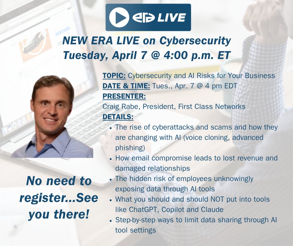 era_org's tweet photo. Join us tomorrow for a new ERA LIVE on cybersecurity!

Tomorrow at 4 EDT, Craig Rabe will share a simple action plan to protect you from: email compromise; data leaks &amp; sophisticated scams.

[https://t.co/9WkhATP9U6] https://t.co/Ifyxli69Hi