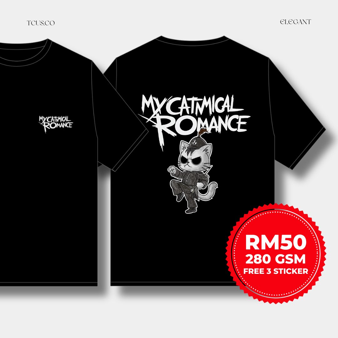 ANDYSAHLAM's tweet photo. Introducing: My Catmical Romance
(yes, inspired by zaman My Chemical Romance)

– 280gsm
- Oversize
– design untuk yang suka kucing &amp; My Chemical Romance
– free 3 stickers 

RM50 je semua saiz
limited 30 helai je

Order link: https://t.co/keFQK7AB9g https://t.co/lseX8TeHVC