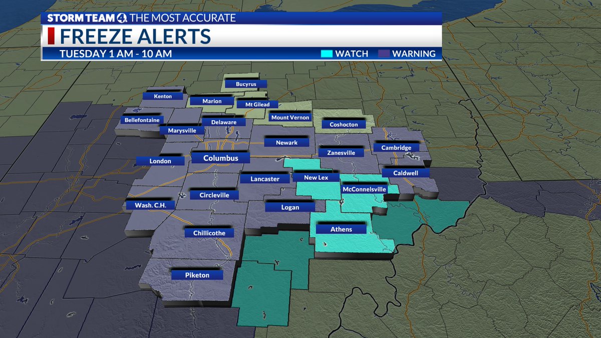 A freeze warning goes into effect for most of central Ohio from 1am-10am Tuesday. Temperatures will drop to the near 30 degrees in the city, and mid-upper 20s in more rural spots. Sensitive plants will need to be covered up or brought inside.