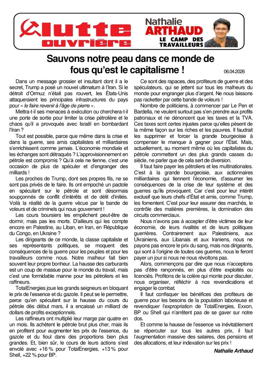 L'éditorial des bulletins d'entreprise Lutte Ouvrière du 6 avril 2026 : "Sauvons notre peau dans ce monde de fous qu'est le capitalisme !"