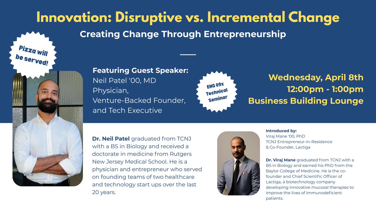 EngineeringTcnj's tweet photo. Is it better to innovate in small steps or take a giant leap?  We’re thrilled to welcome back Neil Patel ’00, MD to TCNJ for an exclusive seminar: "Innovation: Disruptive vs. Incremental Change." #TCNJ #TCNJEngineering #TCNJScience #TCNJBusiness #TCNJAlumni #Entrepreneurship https://t.co/AznJSqTXlD