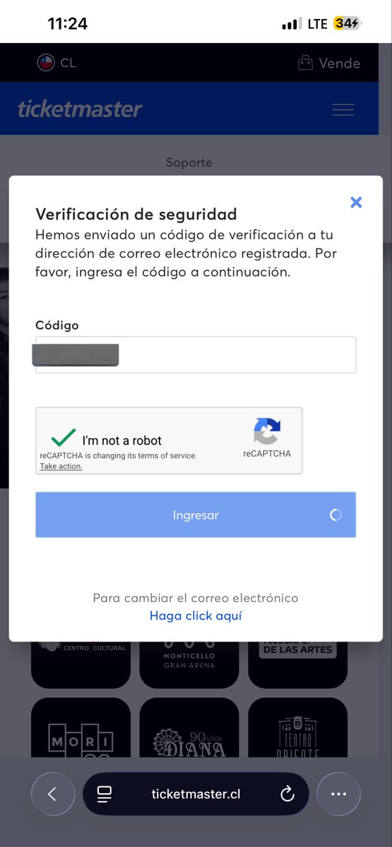LuluVasquez07's tweet photo. @ticketmastercl hola!! Estoy intentando entrar a mi cuenta y no me deja. Se queda cargando en el captcha luego de ingresar el código de verificación de mi correo https://t.co/udCThA2Bid