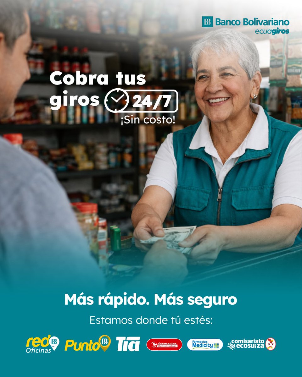 BcoBolivariano's tweet photo. Tu dinero contigo, cuando lo necesitas.
Estamos donde tú estés y te atendemos en horarios extendidos.
¡Más rápido. ¡Más seguro! 💸
¡ÚNETE AL MEJOR EQUIPO!
#Giros #Remesas #Ecuagiros #Familia #Ecuador https://t.co/Q7R0F74MQR
