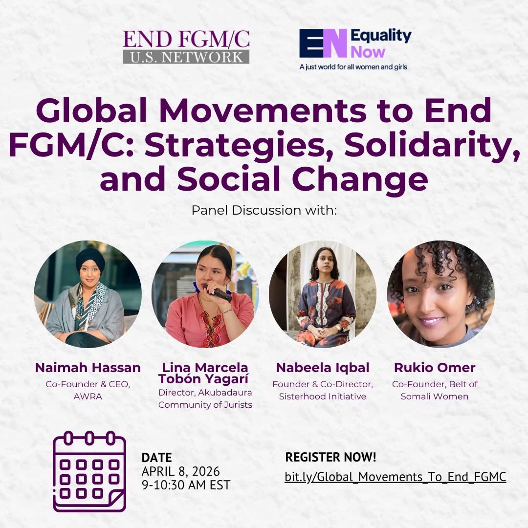 USEndFGMNetwork's tweet image. We’re excited to introduce the incredible speakers joining our upcoming webinar on April 8th. 

This conversation is about more than awareness, it’s about solidarity, resistance and advancing a future free from FGM/C.

Register: secure.ngpvan.com/TIxrG-lTj0m0HJ…

#EndFGM #GlobalSolidarity