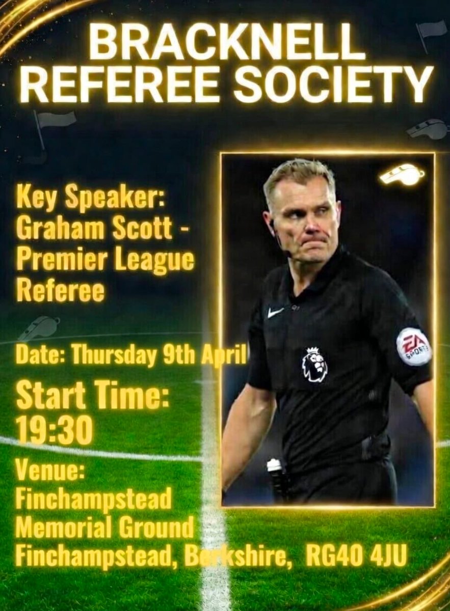 BracknellRa's tweet photo. We are back on this Thursday. Guest speaker ex premiership referee Graham Scott. 

Get your questions ready. Bar open too. 

See you all then. 

#referees #bracknell #football https://t.co/XX8V591LRv